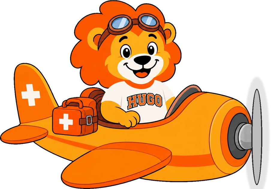Hugo, der Löwe der HÖHER Akademie, im Pflegeflieger