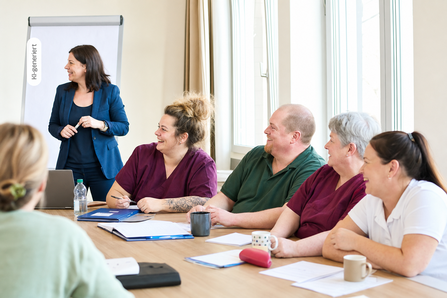 KI-generiert: Kursgruppe am Tisch im Seminarraum, eine Dozentin steht am Flipchart