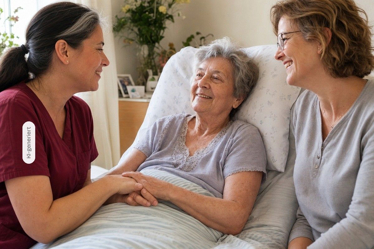 KI-generiert: Eine Pflegekraft hält die Hand einer Bewohnerin im Bett, eine Angehörige sitzt daneben