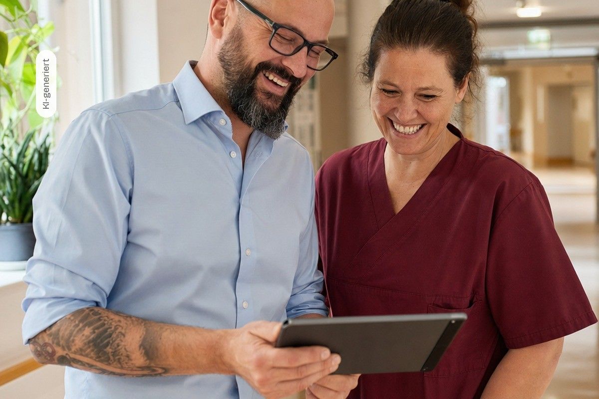 KI-generiert: Ein Mann und eine Pflegekraft sehen lachend auf ein Tablet