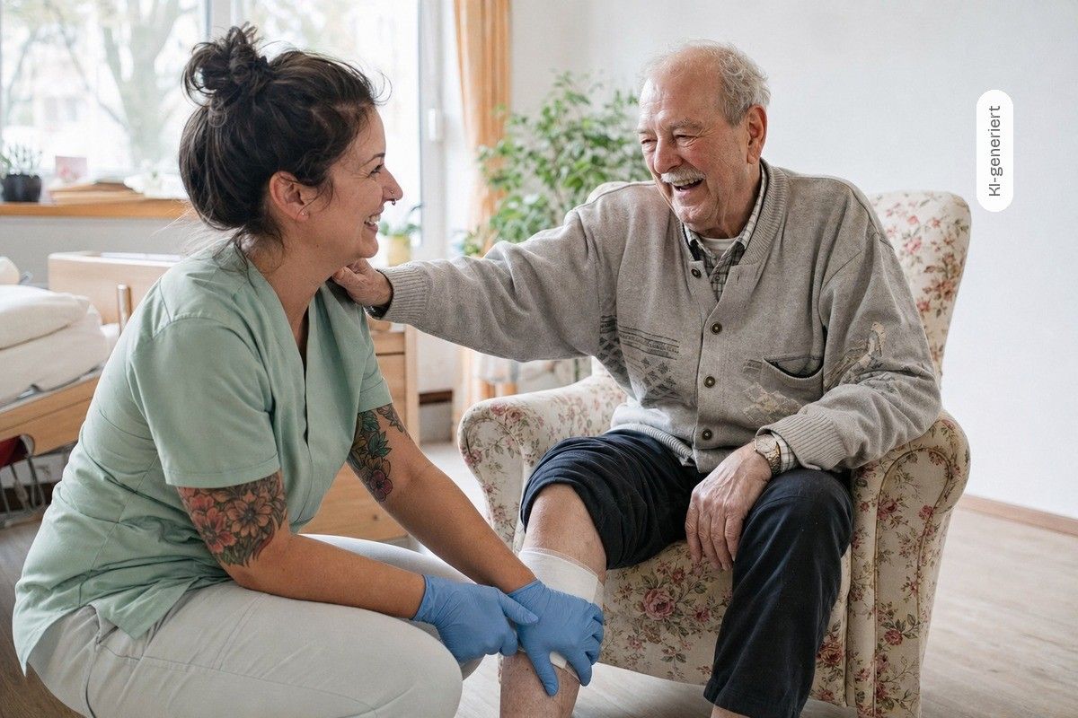 KI-generiert: Eine Pflegekraft mit Handschuhen versorgt das verbundene Bein eines lachenden Seniors