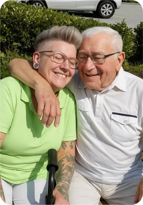 Pflegekraft umarmt einen älteren Mann, beide lachen und zeigen Vertrauen, Herzlichkeit und Wertschätzung in der Pflege.