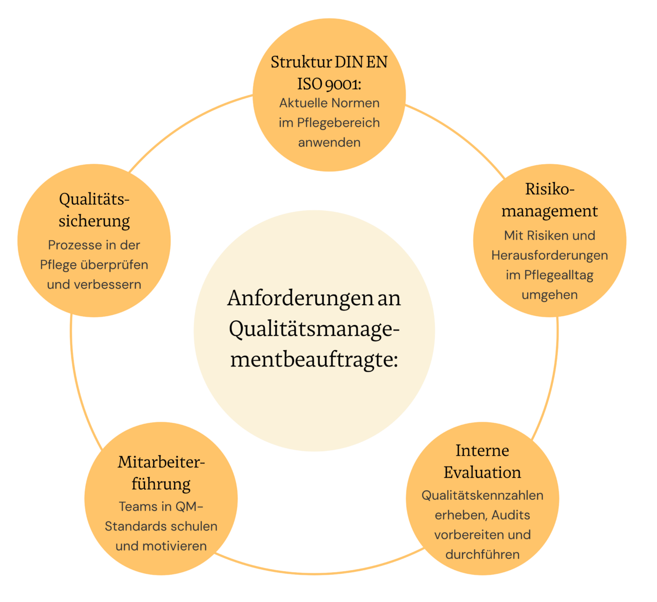 Die fünf Kernbereiche der Qualitätsmanagementbeauftragten: Struktur nach DIN EN ISO 9001, Risikomanagement, interne Evaluation, Mitarbeiterführung und Qualitätssicherung