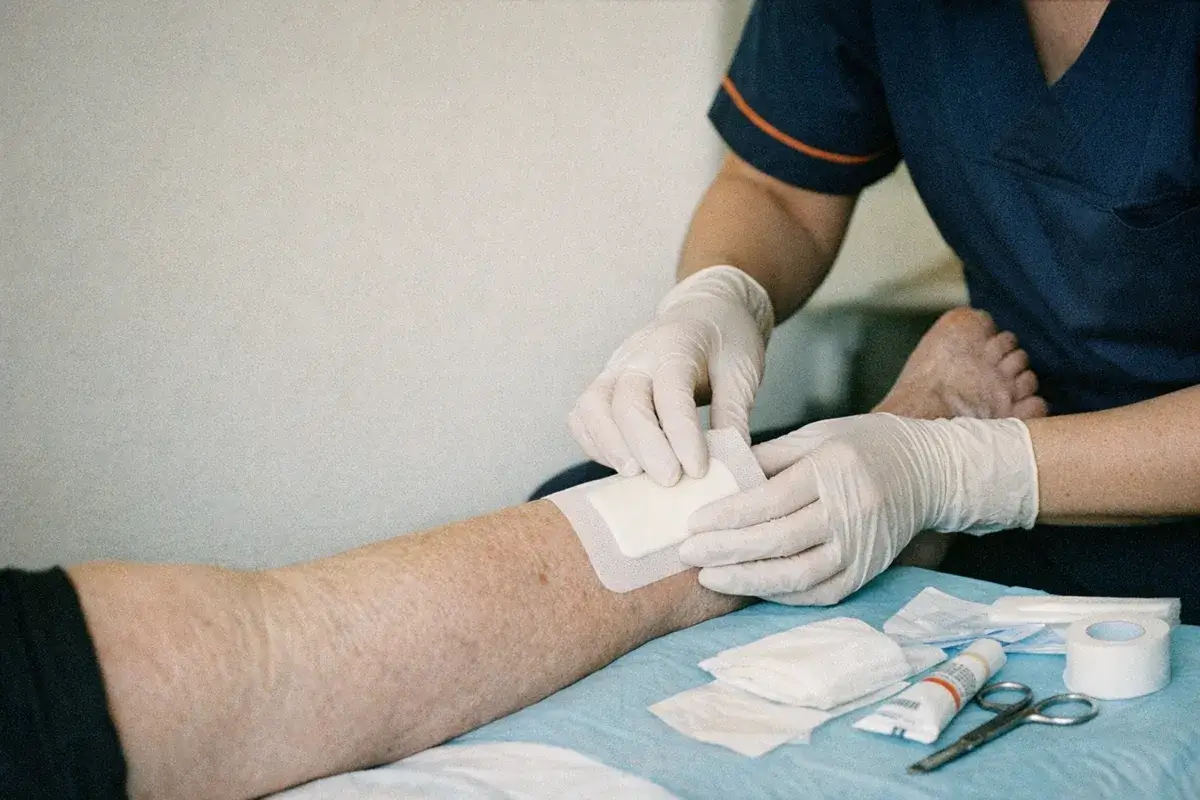 Behandschuhte Hände legen einen Wundverband am Unterschenkel an