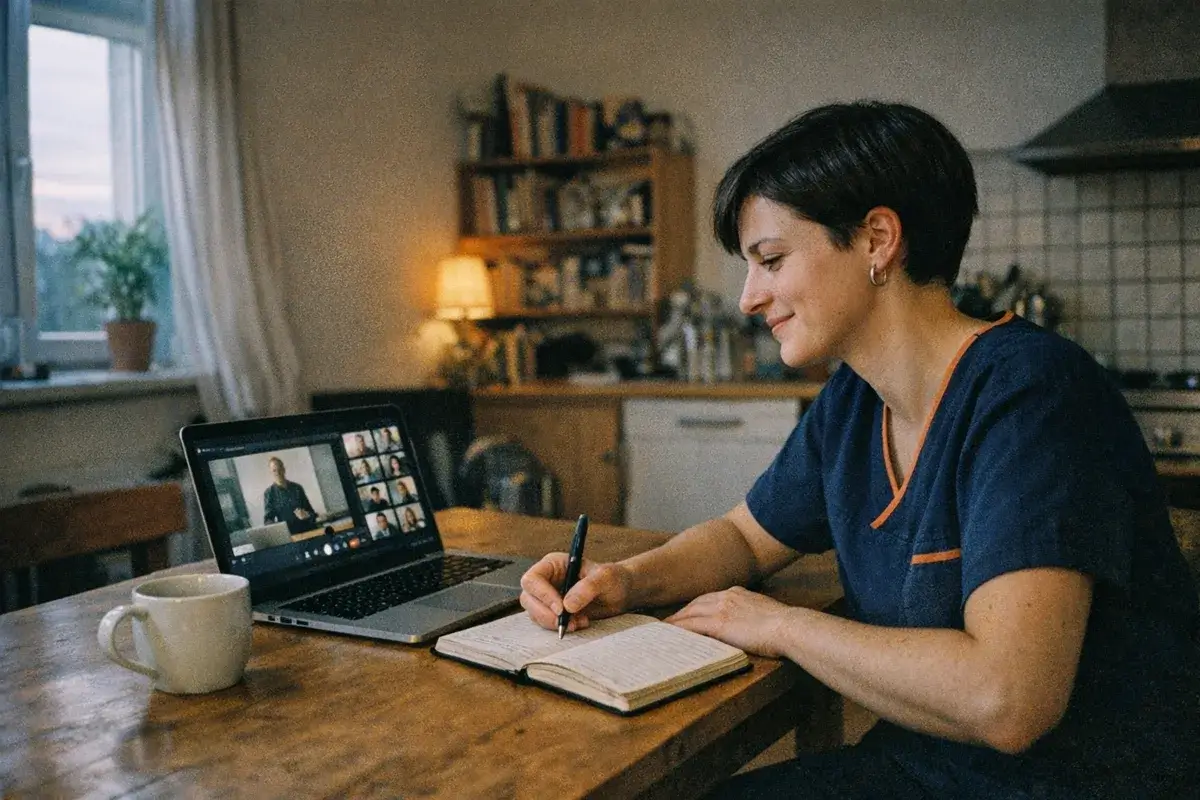 Pflegekraft am Küchentisch im Live Online Kurs am Laptop